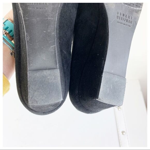 Stuart Weitzman Caring Black Suede Low Wedge Silver Ring Accent 8.5 - Picture 9 of 10